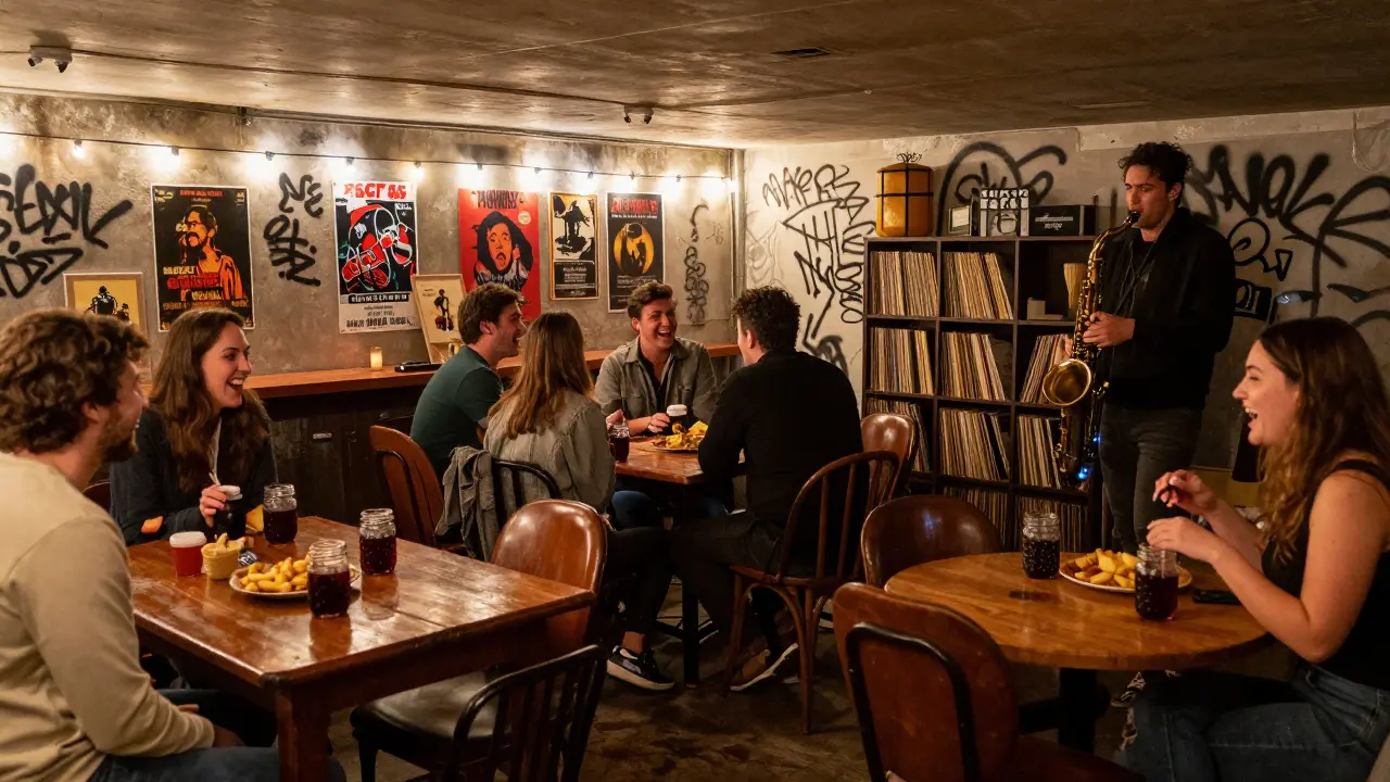 A lively basement bar in Belleville with mason jars, fried food, and diverse friends laughing under string lights.