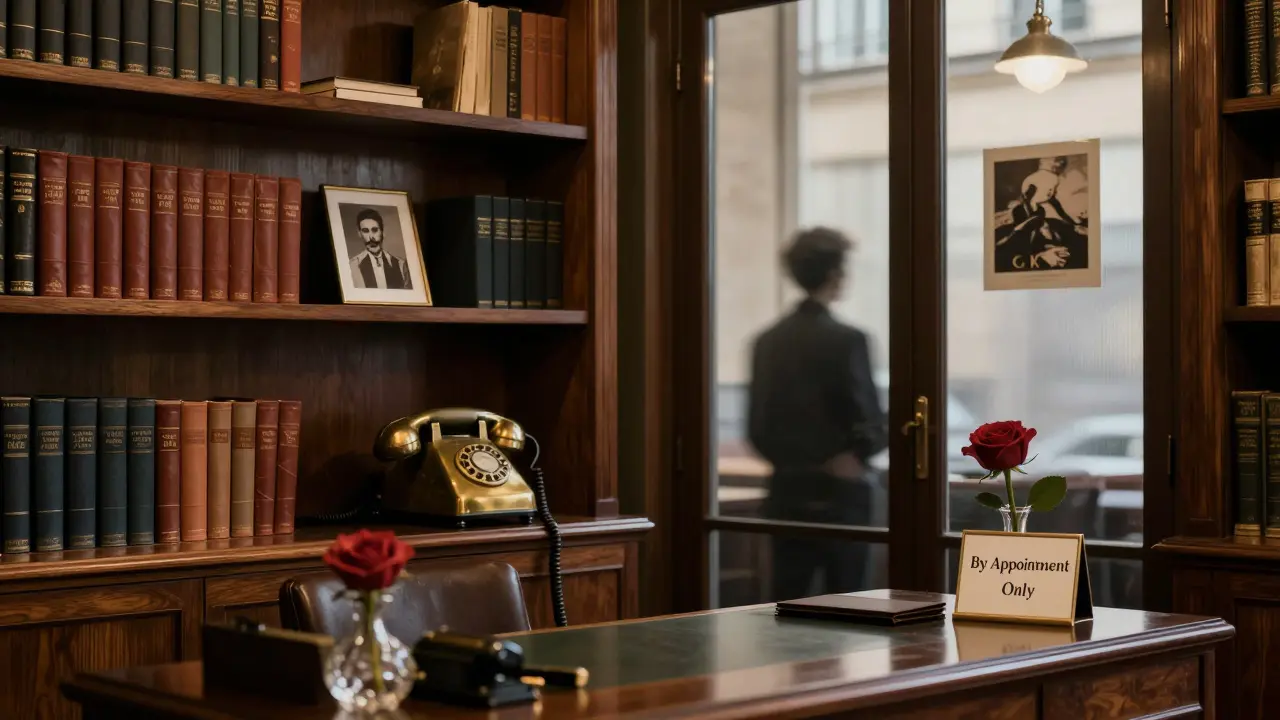 A luxurious Parisian escort agency office with wooden shelves, a rose, and a 'By Appointment Only' sign.