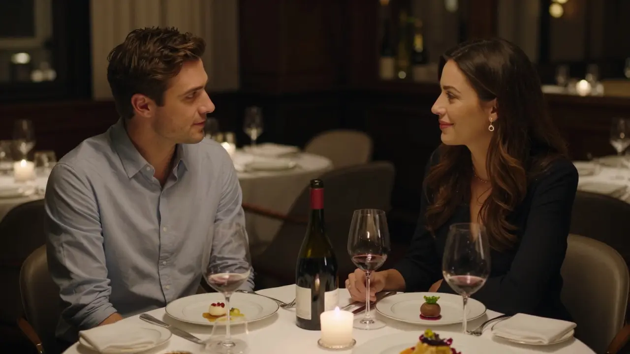 A man and woman have a quiet, elegant dinner conversation in a Mayfair restaurant.