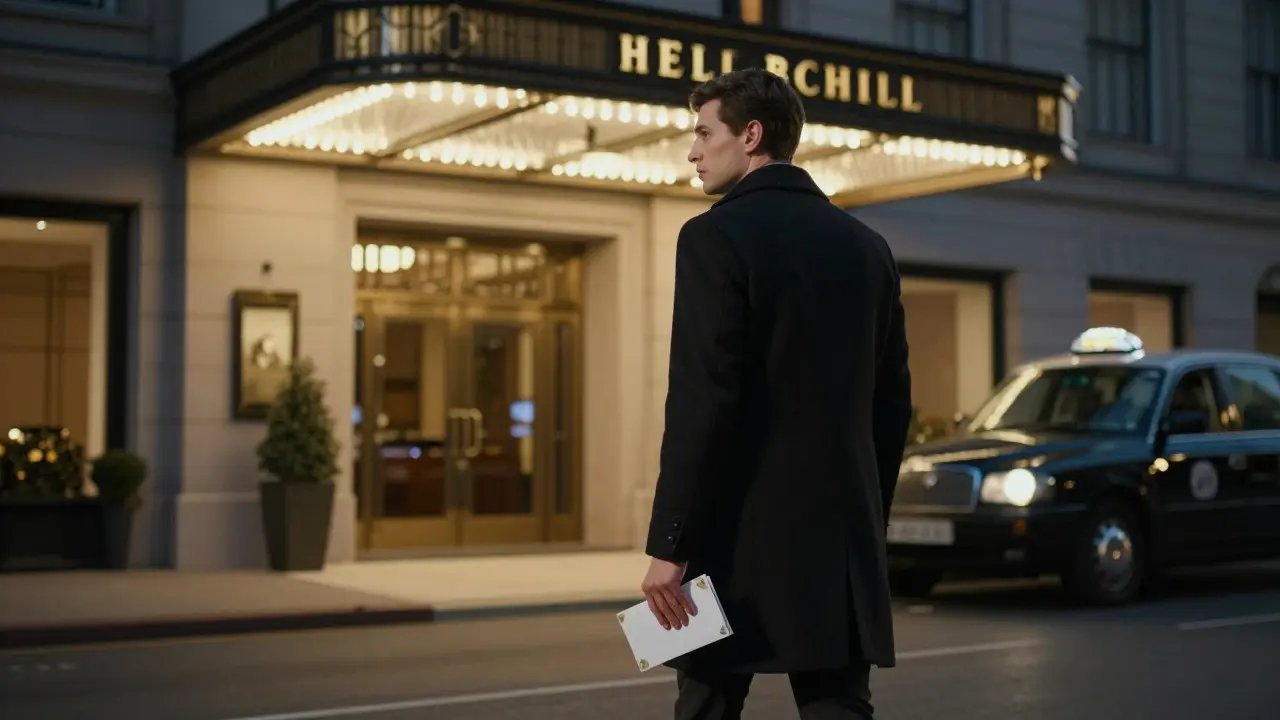 A man walks away from a luxury hotel after a professional encounter, holding payment.