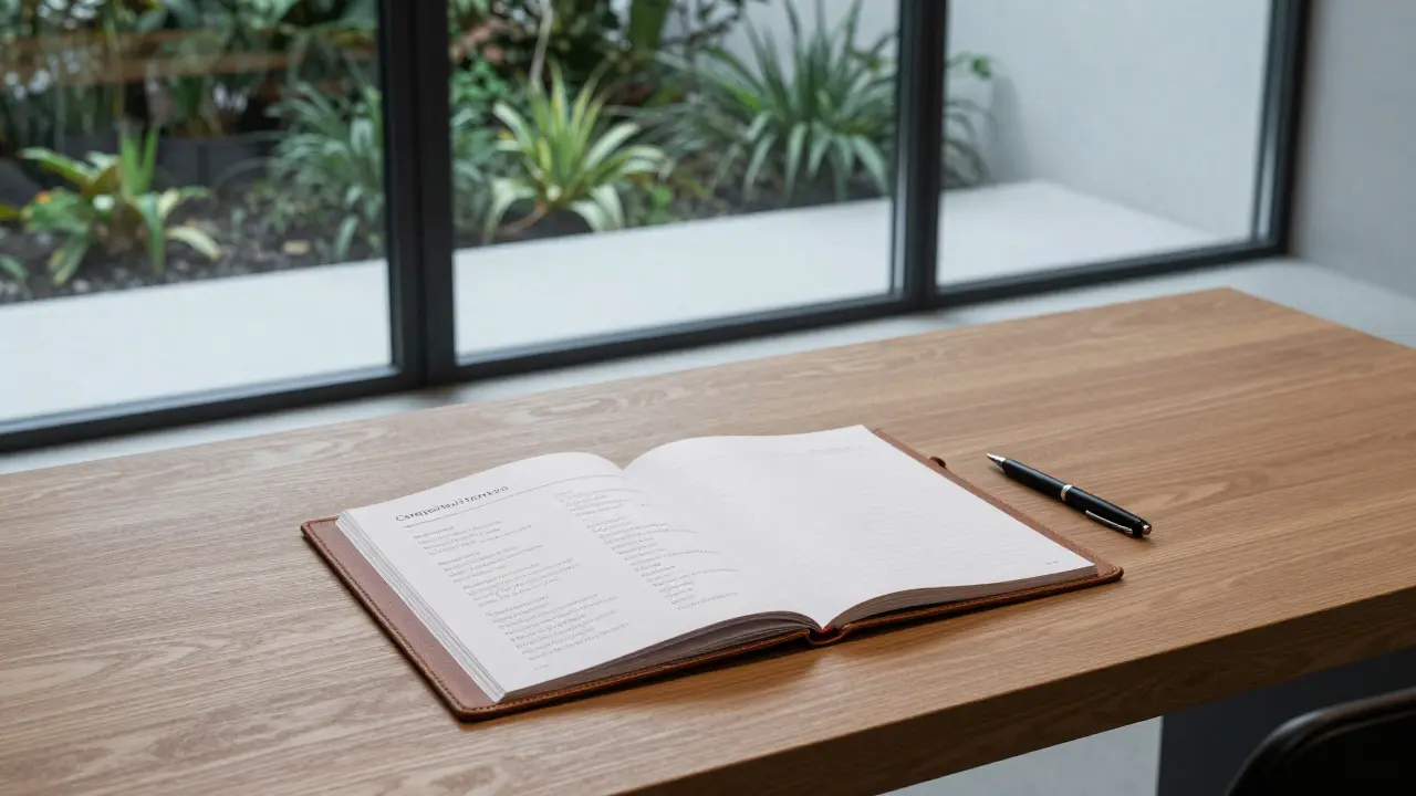 A minimalist office with an open dossier detailing a companion's education and interests.