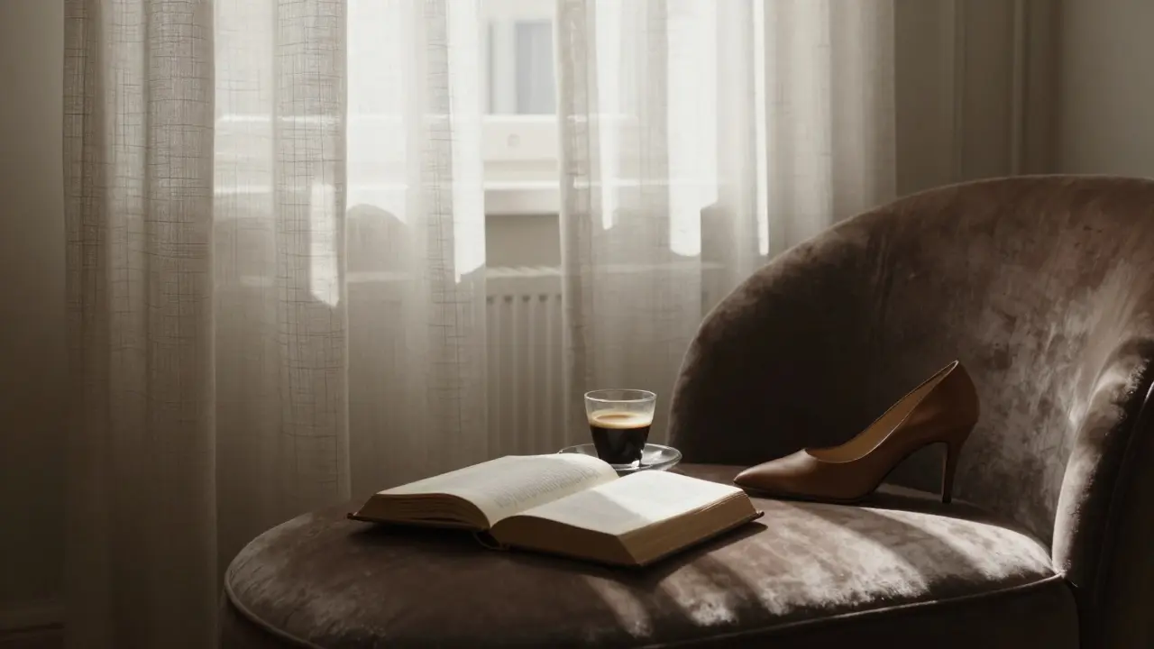 A peaceful Parisian apartment interior with morning light, an open book, and a single shoe beside a chaise.