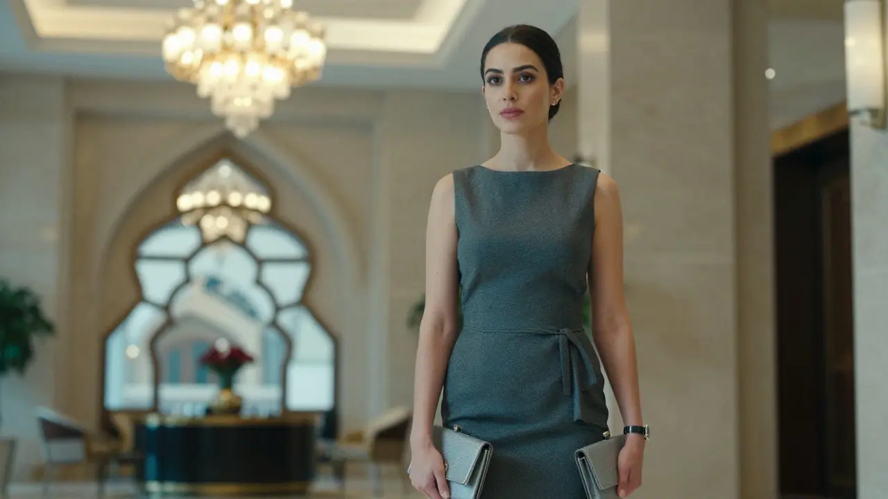 A poised woman standing confidently in a luxury hotel lobby, dressed elegantly and discreetly.
