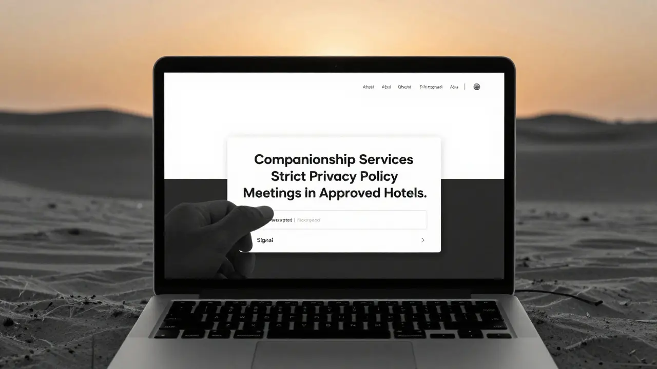 A private escort service website on a laptop screen with text about privacy and hotel meetings, desert sunset in background.