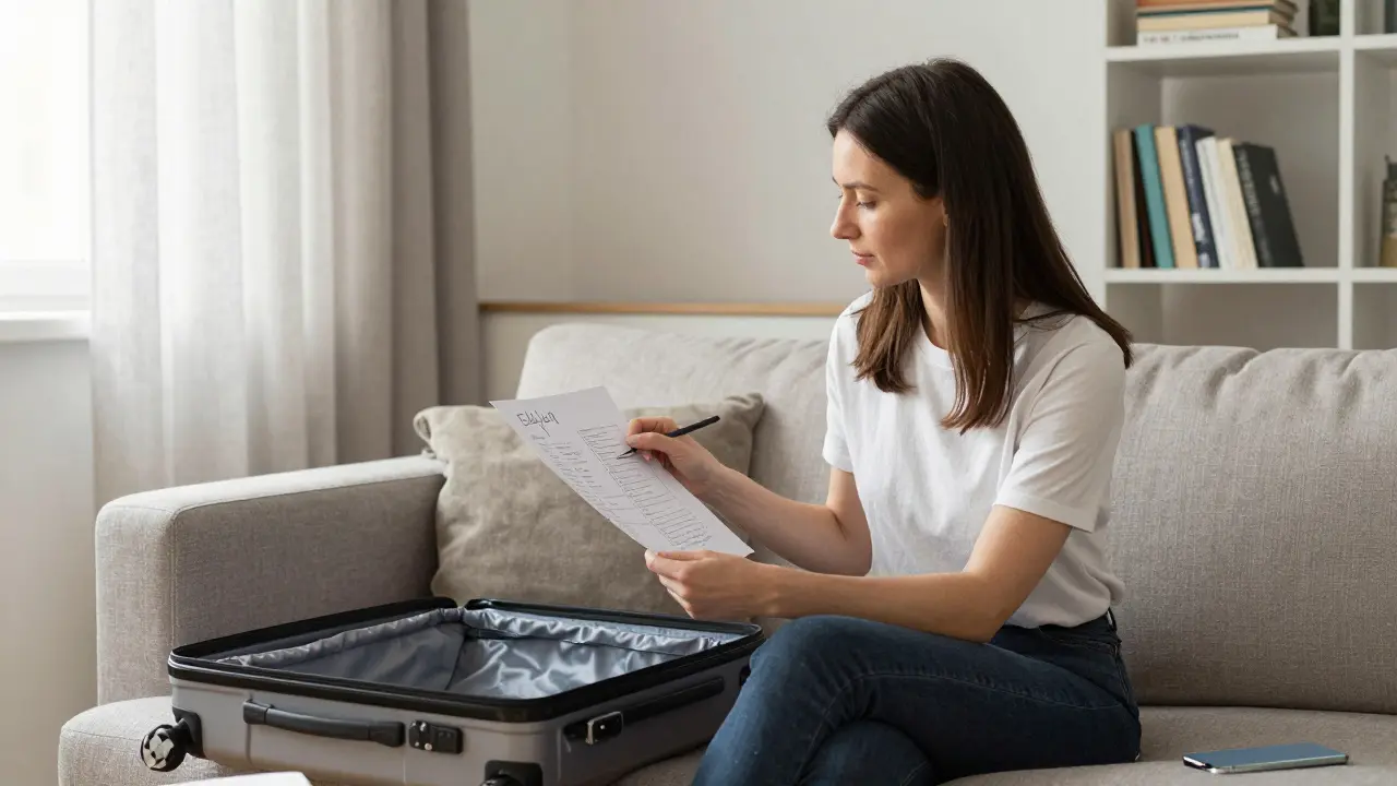 A professional companion in a serene Berlin apartment with a suitcase and itinerary.