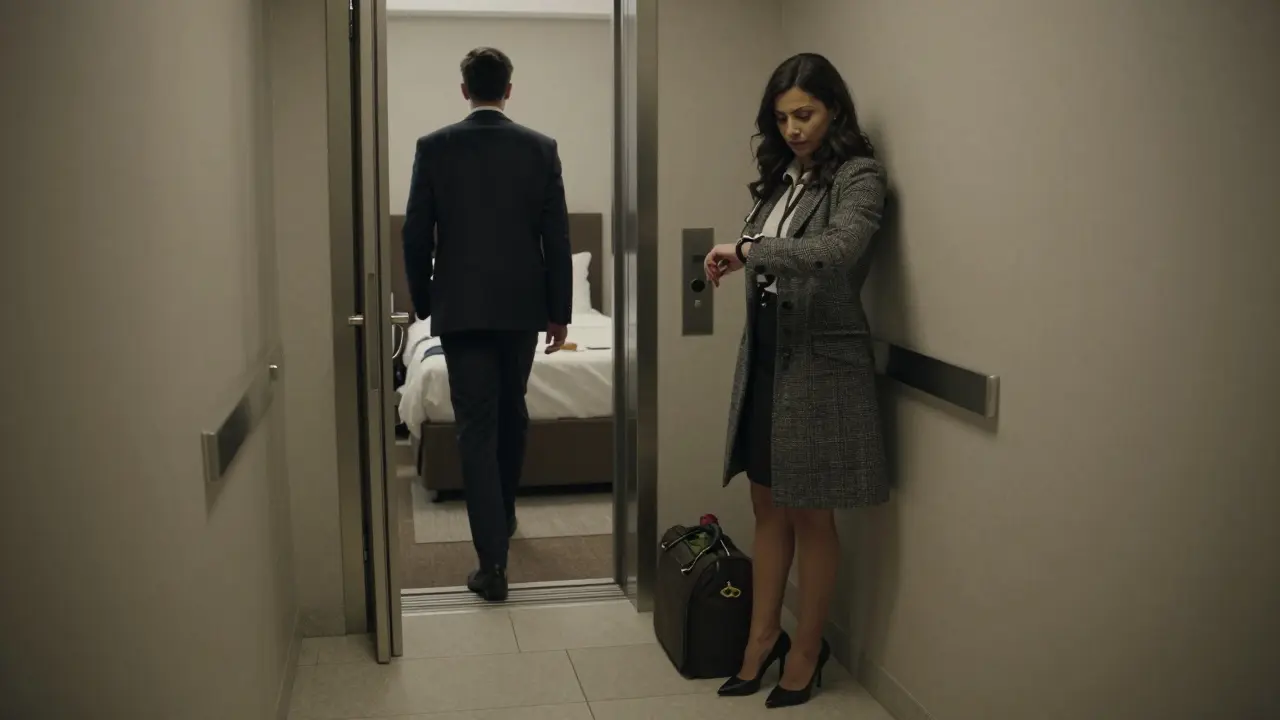 A professional escort pausing in a hotel hallway, ready to leave, as a room behind her shows signs of a peaceful evening.