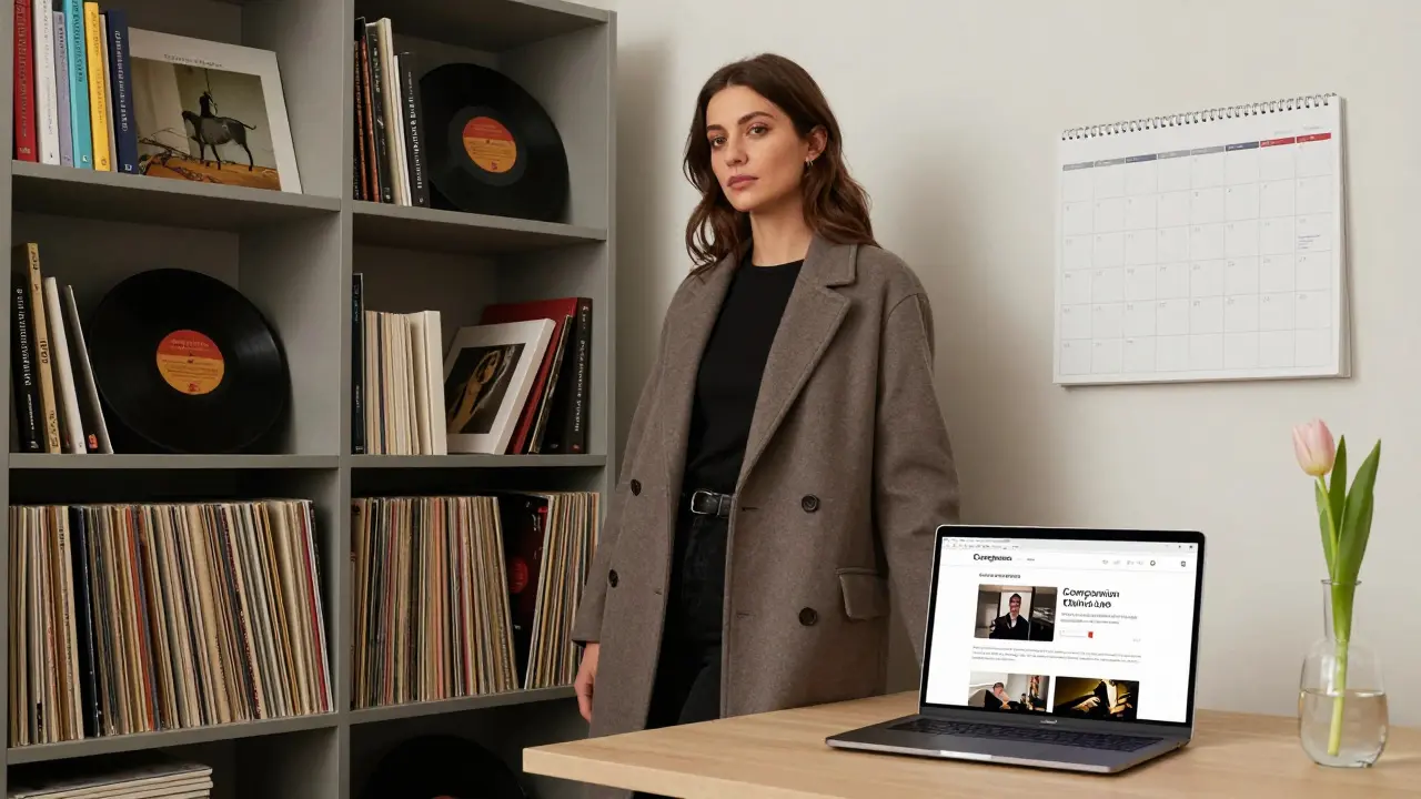 A professional woman in a studio with art books and a companion service website on her laptop.