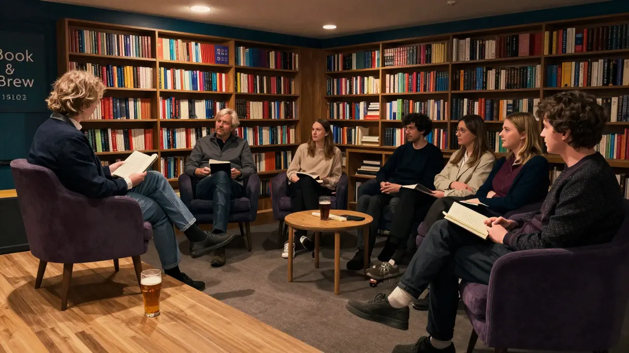 A quiet crowd listens to a writer read at a bookshop-bar hybrid with shelves of books in the background.