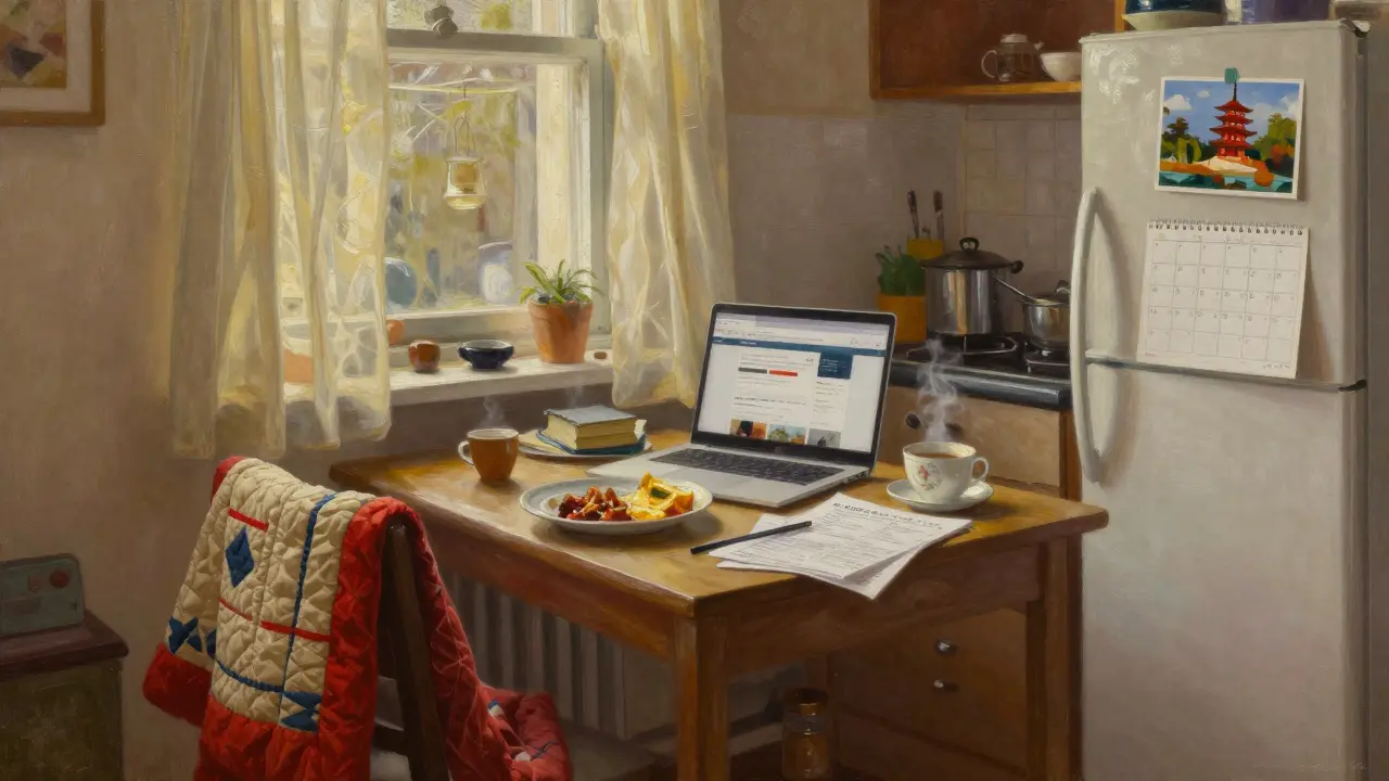 A quiet Peckham kitchen with a handmade quilt, postcard on fridge, and teacup beside a laptop.