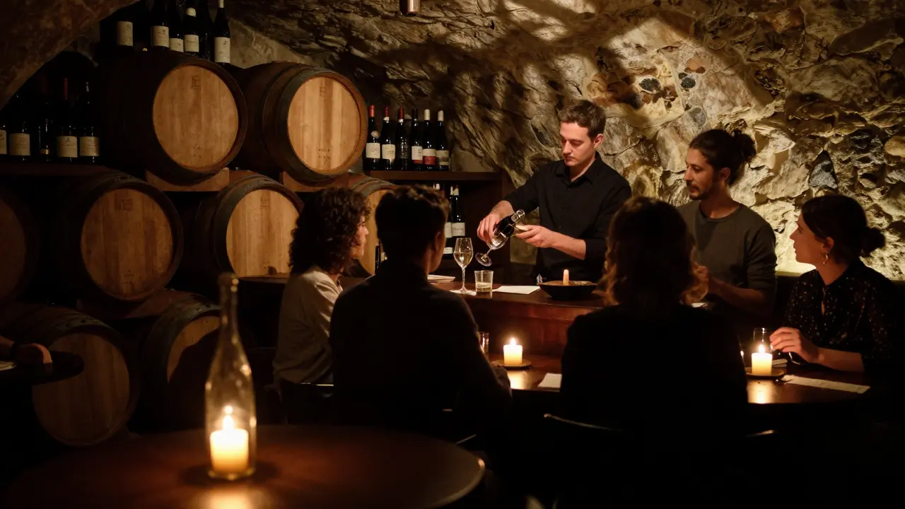 A quiet wine bar interior with candlelight, sommelier pouring red wine among oak barrels.