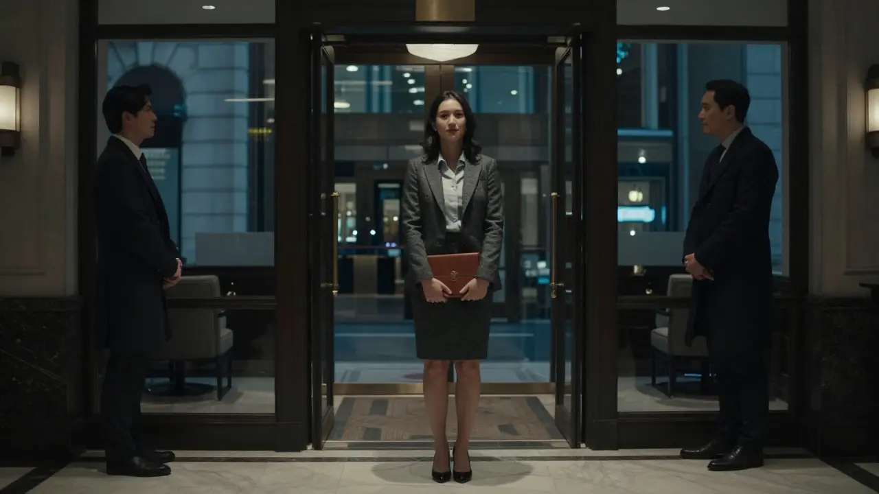 A respectful meeting in a London hotel lobby, with no physical contact and clear boundaries.