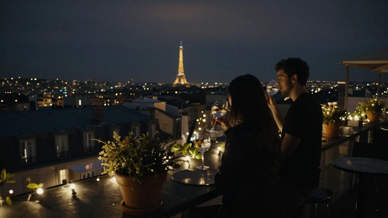 A rooftop terrace at night with string lights, city lights below, and two people sipping drinks against the Paris skyline.