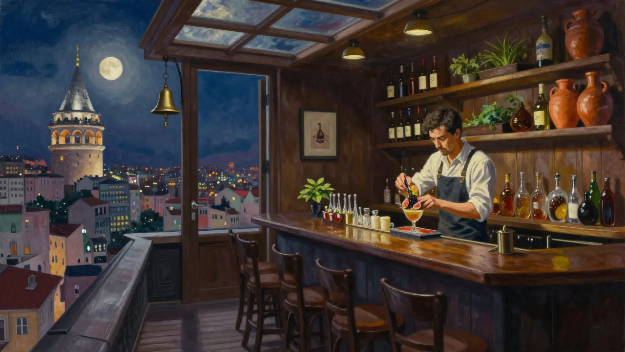 A secret rooftop bar in Istanbul where a bartender prepares an artisanal drink under moonlight.