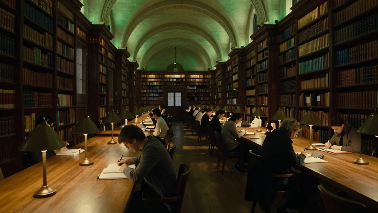 A serene, empty reading room in the British Library at night, lit by soft lamps and filled with silent readers.
