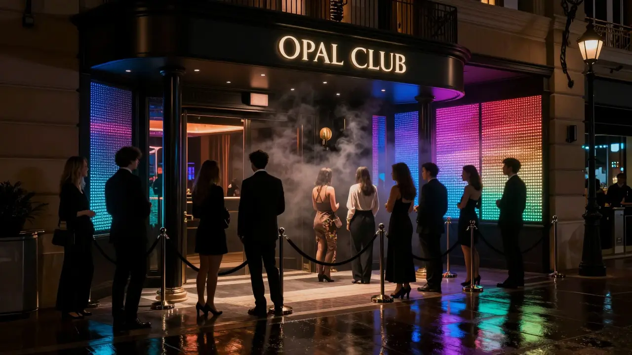 A stylish crowd at Opal Club's exclusive entrance, glowing LED walls and velvet rope in the night.