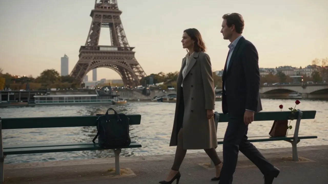 A woman and companion walking along the Seine at sunset, the Eiffel Tower visible in the distance.