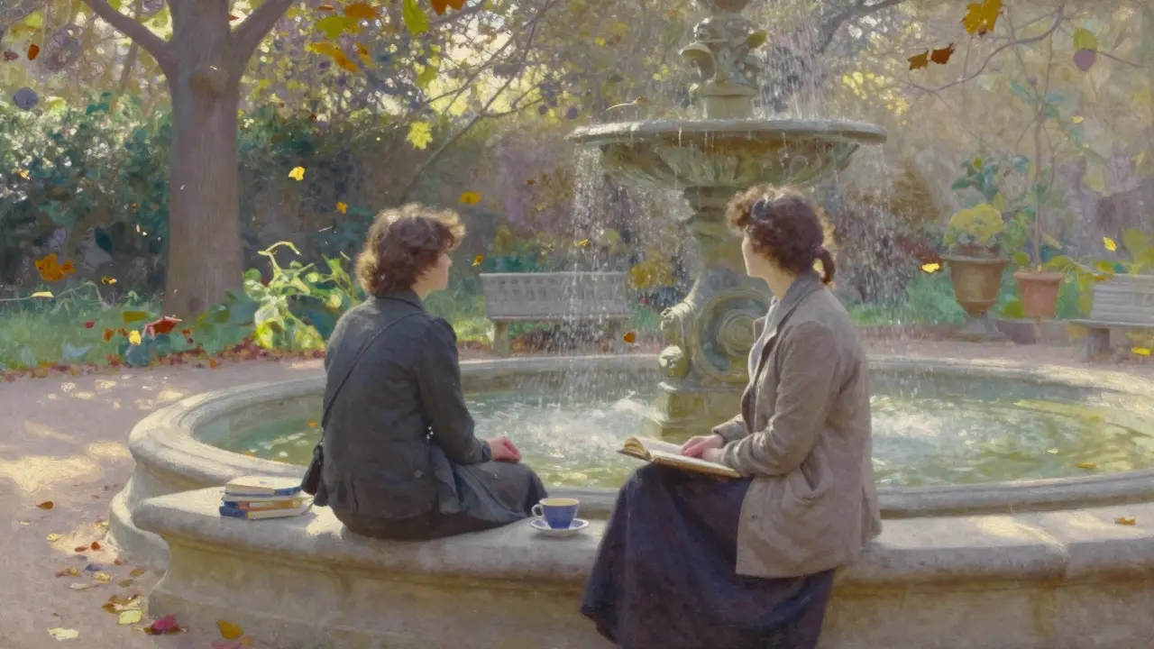 A woman and her companion sit together in a secluded Parisian garden, enjoying morning tea and stillness among autumn leaves.