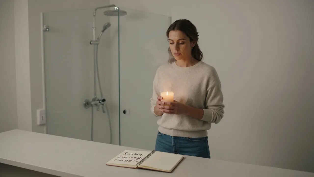 A woman lighting a candle after a client visit, steam from a cold shower behind her, notebook with personal affirmations.