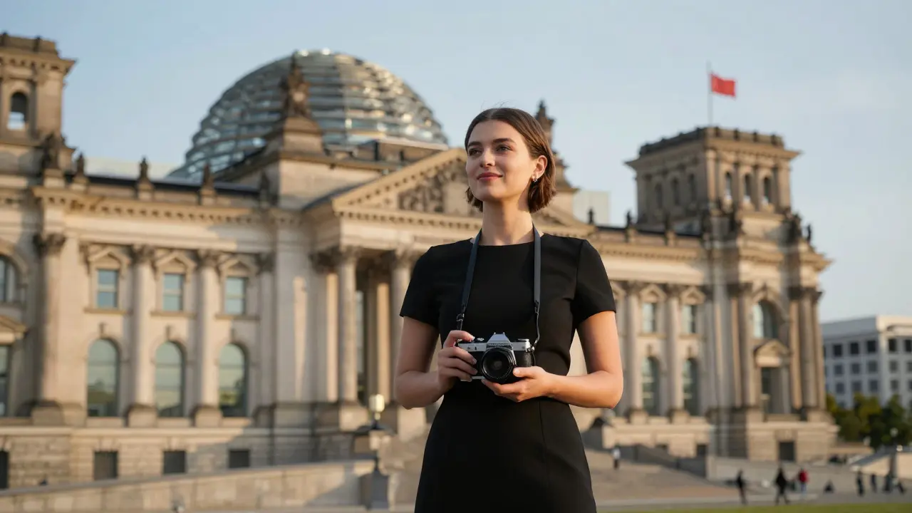 A woman pointing toward the Reichstag building at golden hour, holding a camera.