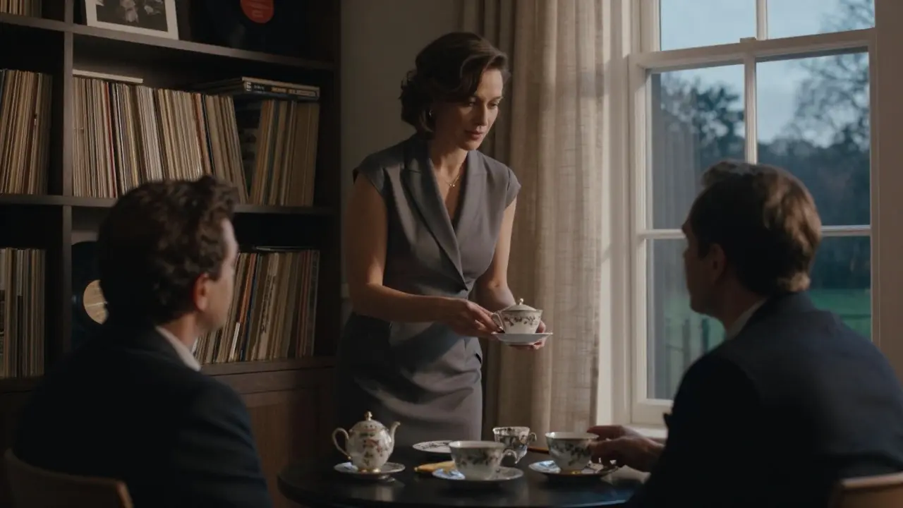 A woman serving tea in a cozy London flat with art books and vinyl records visible.