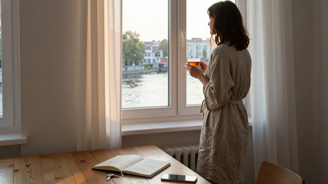 A woman stands by a window in a minimalist Berlin apartment, morning light catching her tea cup and open notebook.