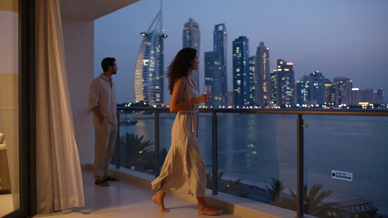 A woman walking alone on a villa balcony at dusk, overlooking Dubai Marina’s lights, a man standing respectfully behind.