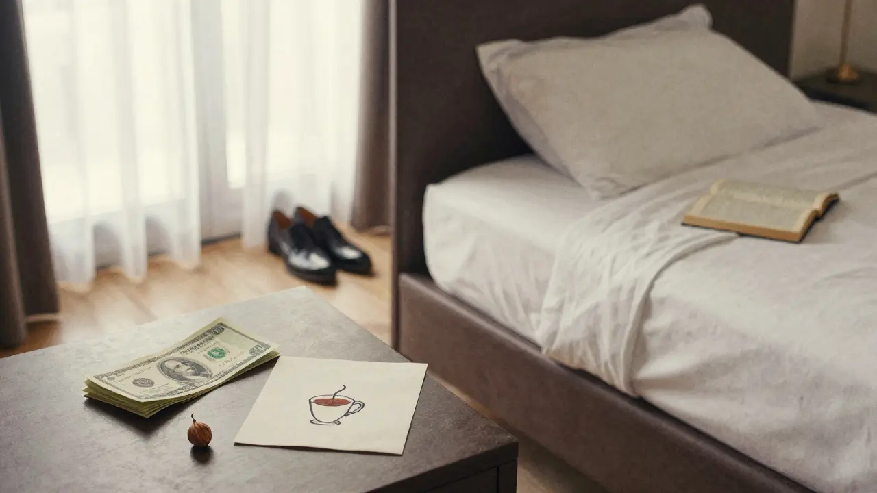 An empty hotel room at dawn with a bill, coffee pod, and handwritten note on the table, suggesting a respectful departure.