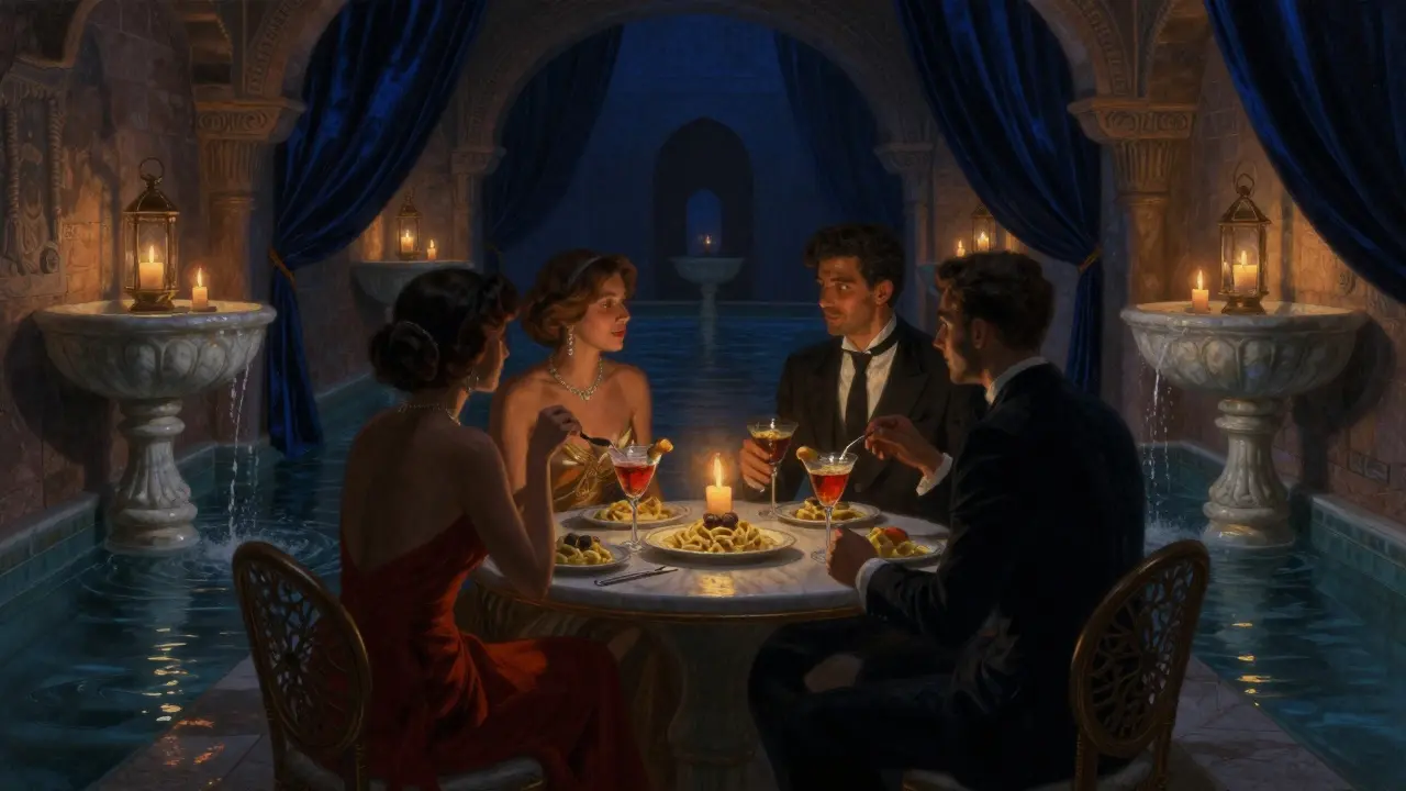 An intimate gathering in The Grotto’s dimly lit cave-like lounge, surrounded by velvet drapes and marble fountains.
