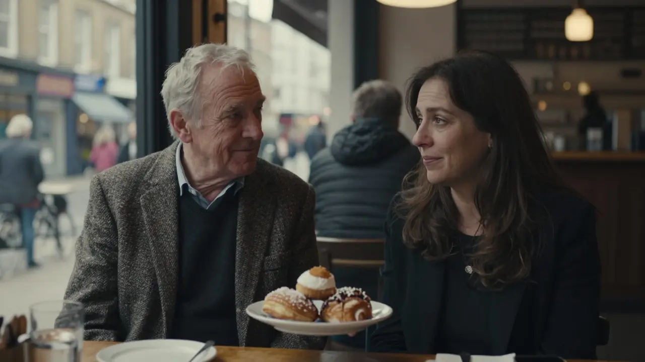 An older man and a woman sharing pastries in a daylight café, smiling softly — quiet companionship, no romance.