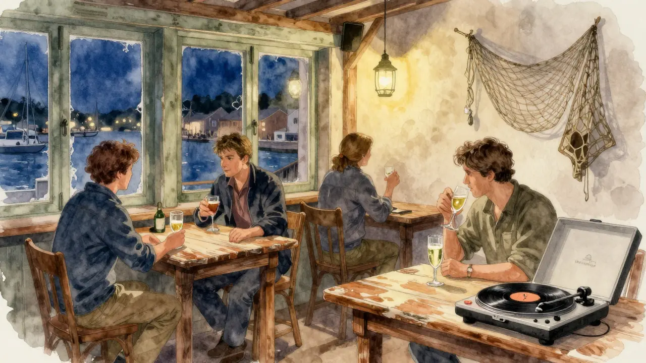 Cozy Le Bar du Port with locals enjoying drinks by the harbor, warm lantern light and vintage vinyl record spinning.