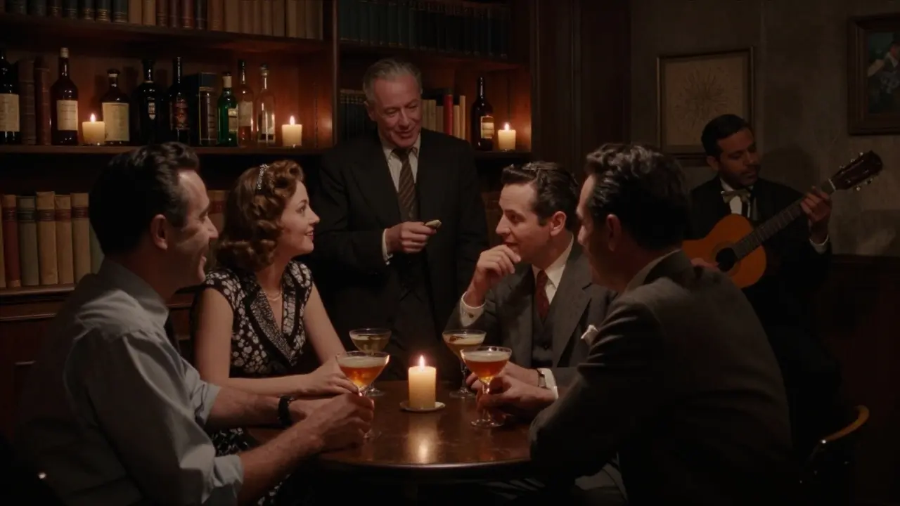 Cozy speakeasy behind a bookshelf with patrons sharing quiet moments by candlelight.