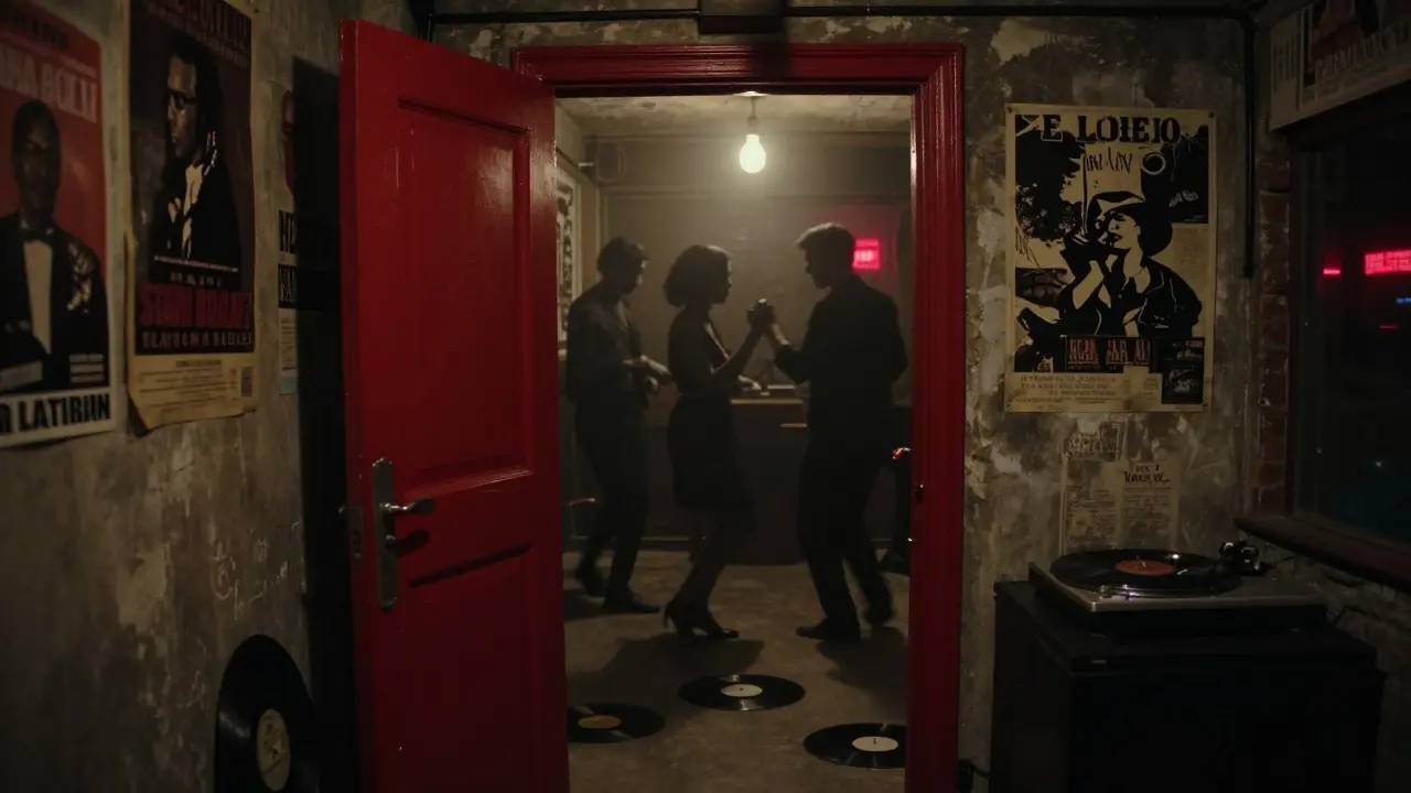 Dim basement jazz bar in Karaköy with silhouettes dancing to vinyl, a red door slightly open, only a swinging bulb illuminating the scene.