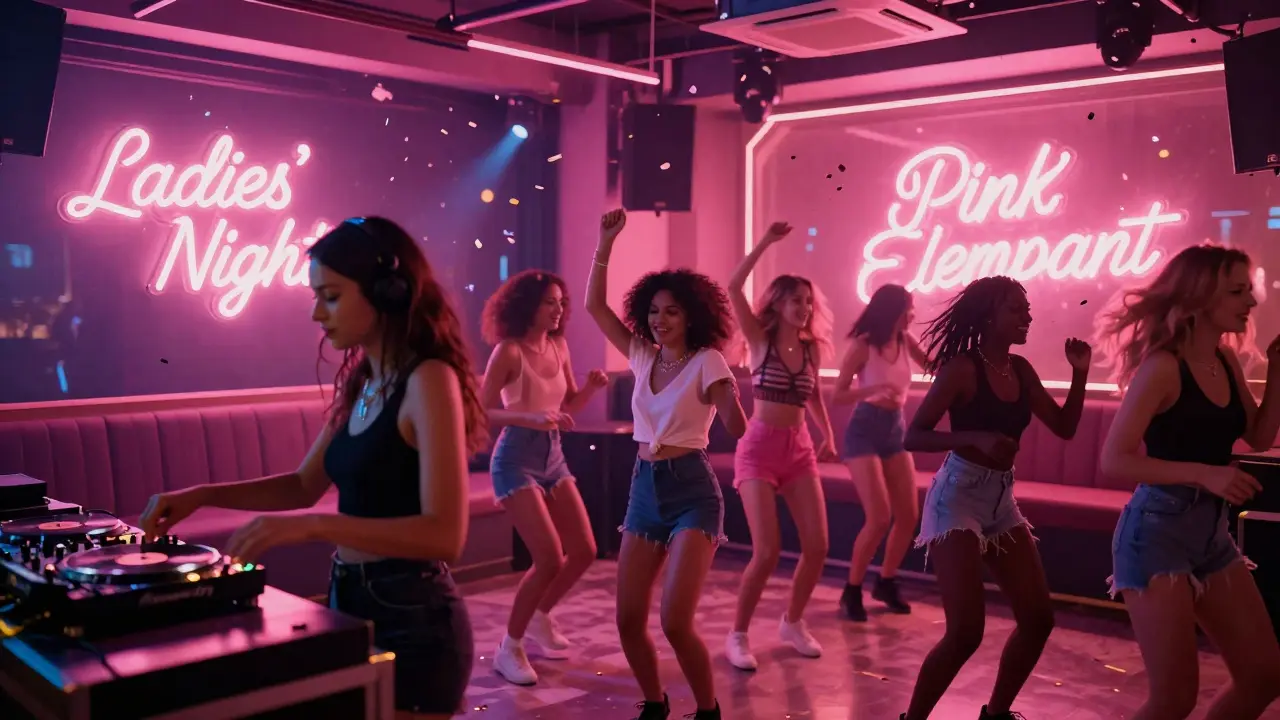 Diverse group of women dancing at a vibrant club with a female DJ and pink neon lighting.