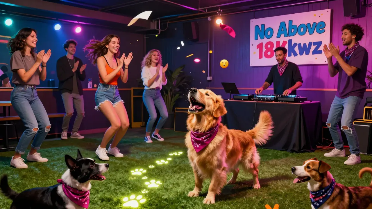 Dogs dance on grass at a nighttime pet party with glowing paw prints and a DJ.