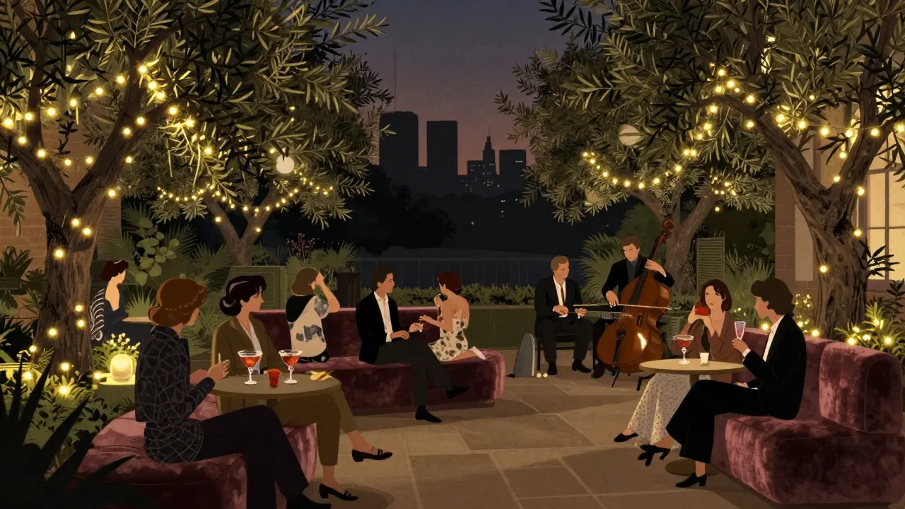 Elegant courtyard at Corso Como 10 with fairy lights, guests sipping cocktails, and soft jazz music at night.