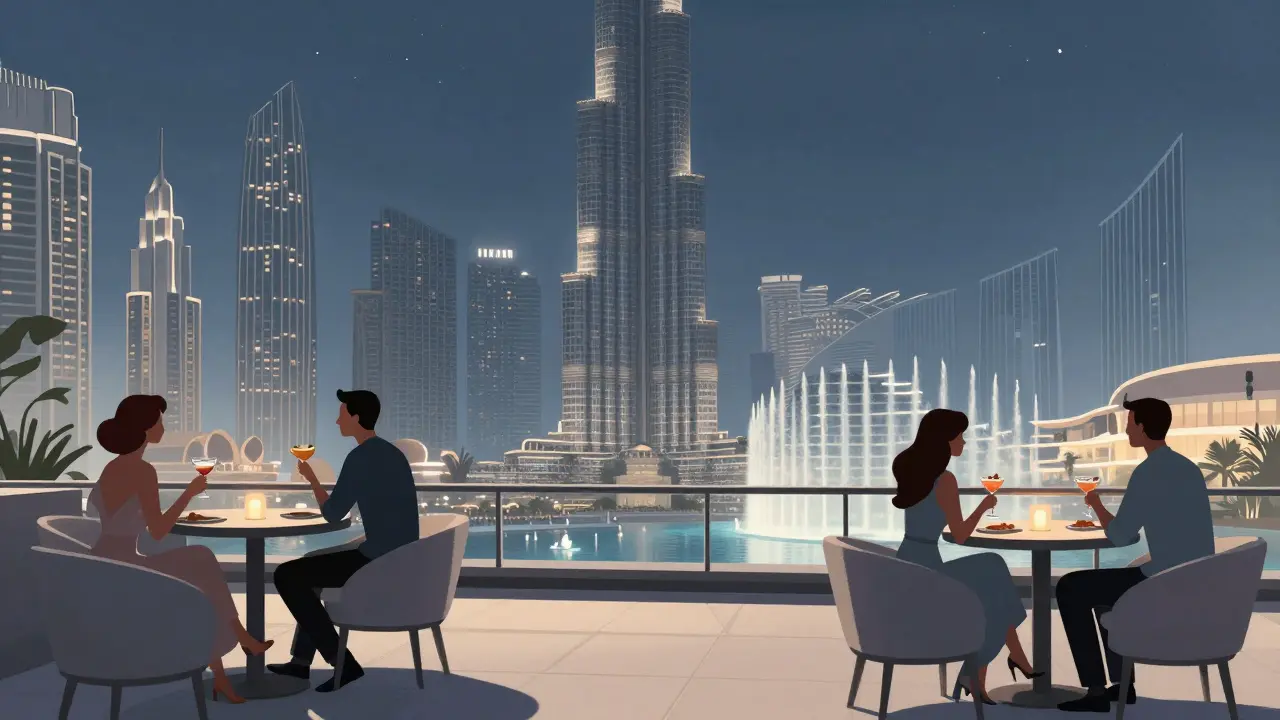 Elegant guests at Level 43 rooftop bar enjoying cocktails with Burj Khalifa and fountain in view.