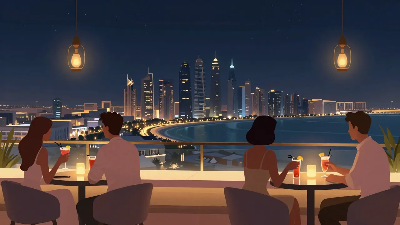 Elegant rooftop bar with panoramic city views, patrons sipping cocktails under soft golden and blue lighting.