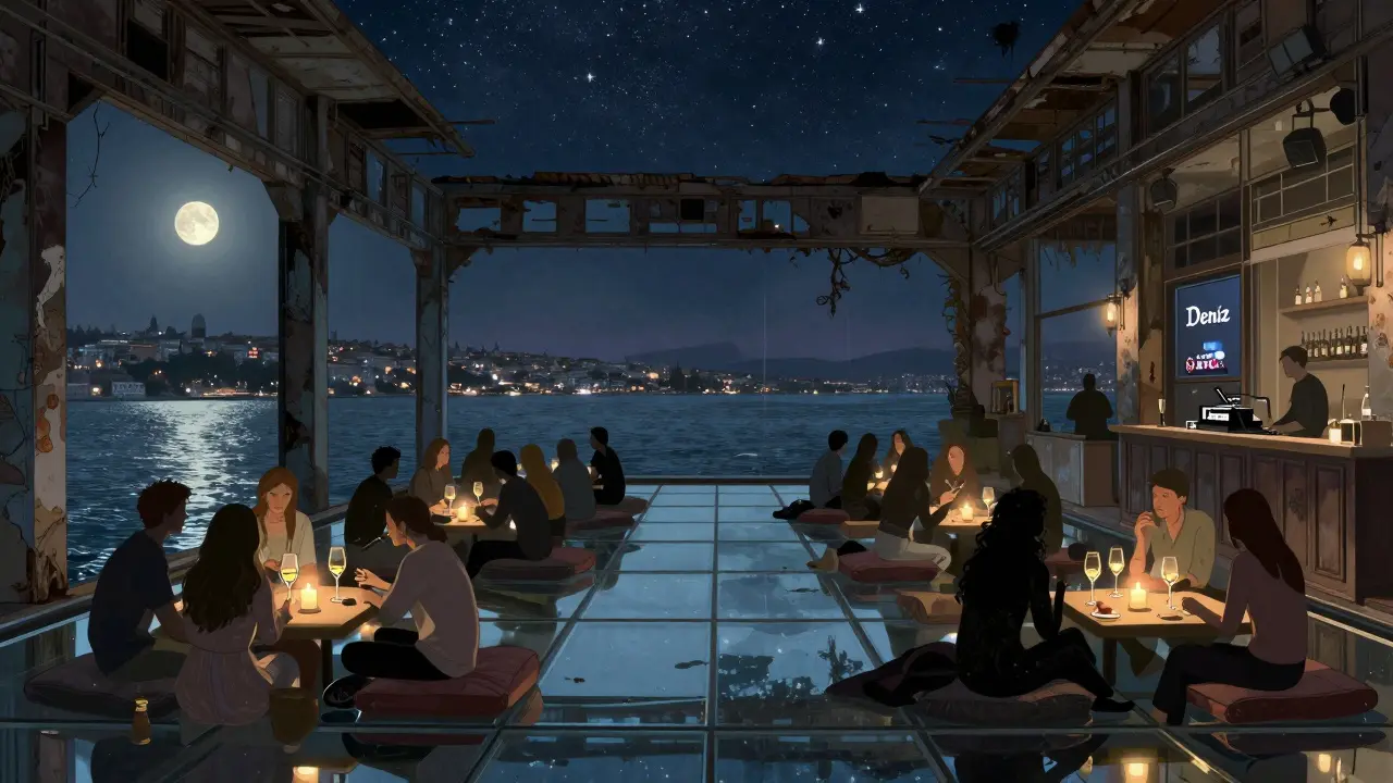Guests relaxing at Deniz, a mirrored floating lounge above the Bosphorus with open sky ceiling.