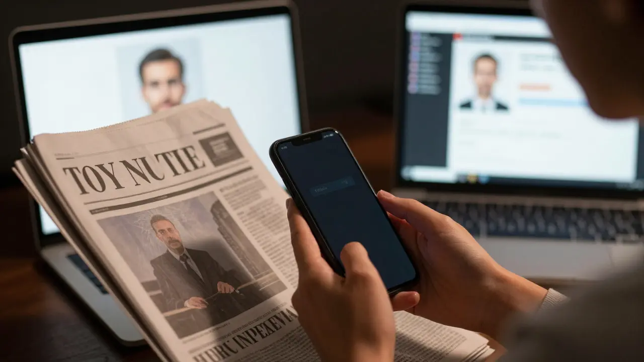 Hands holding a burner phone and newspaper, with a blurred profile photo on a laptop screen.