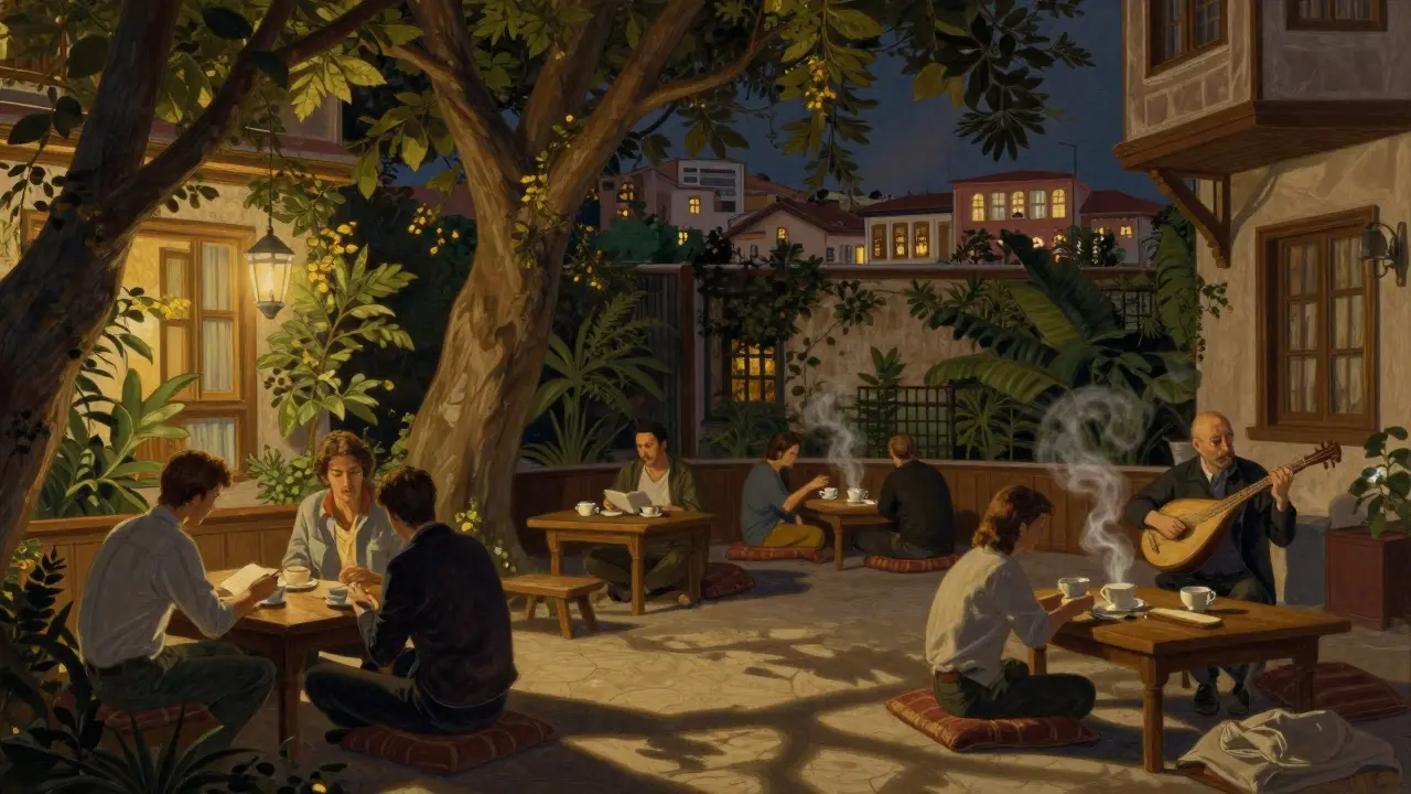 Hidden courtyard in Kadıköy at 2 a.m. with poets reading under a fig tree, musicians playing saz, soft lantern light casting warm shadows.