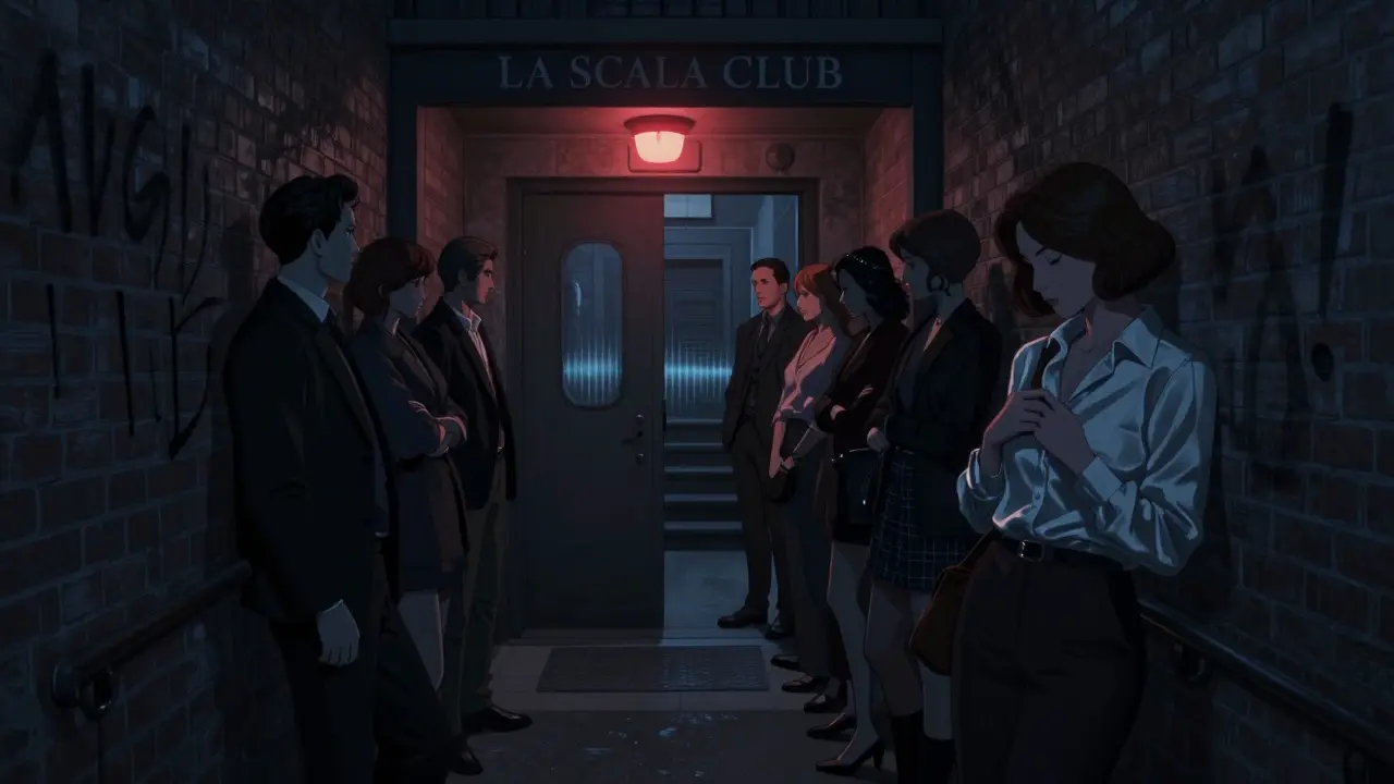 Hidden entrance to La Scala Club at midnight, patrons waiting quietly on dimly lit stairs.