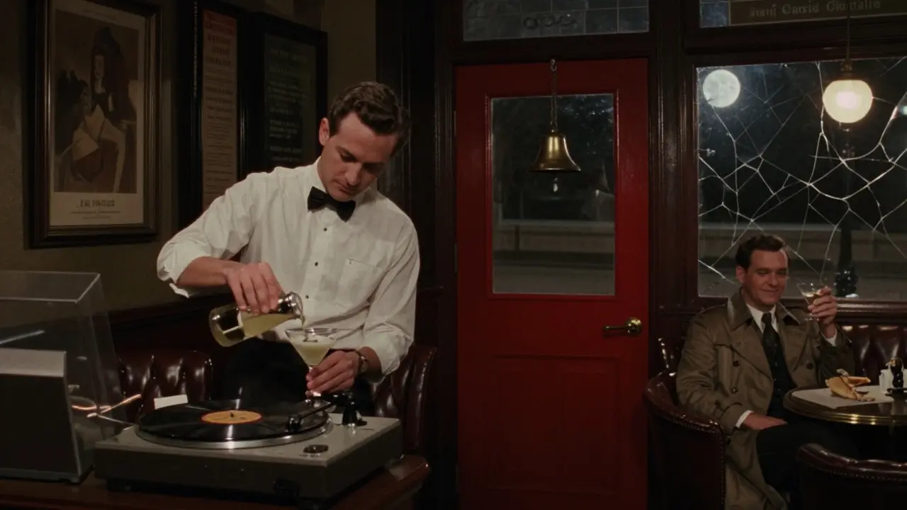Hidden speakeasy with leather chairs, vintage record player, and bartender pouring a martini by a red door.