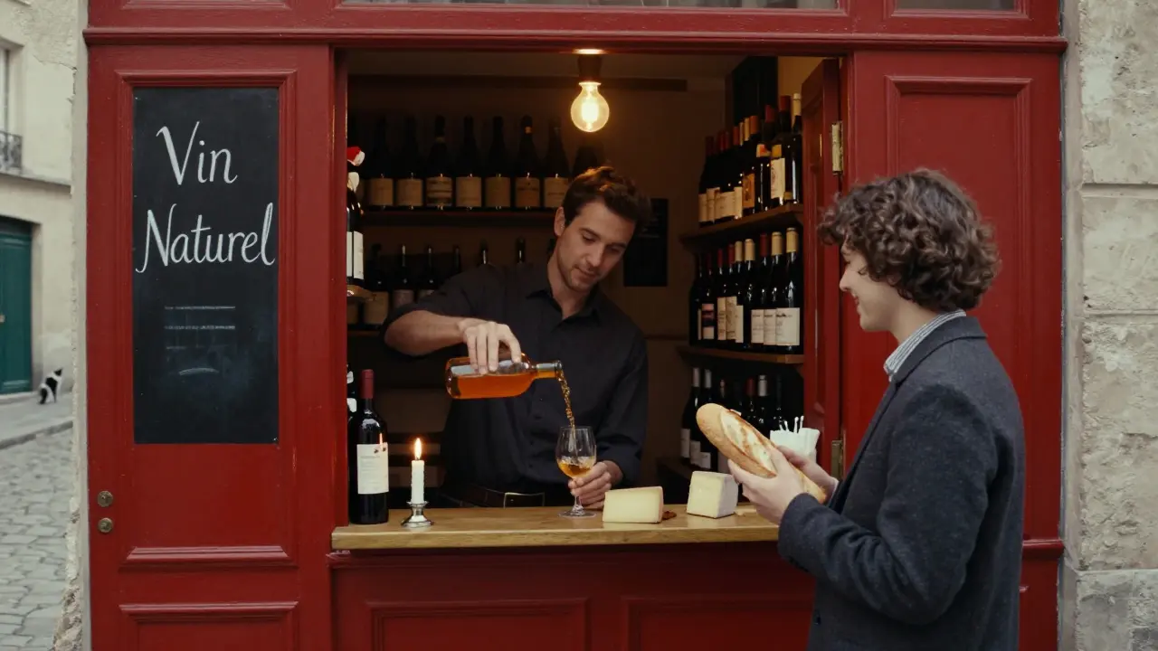 Hidden wine bar with red door and chalkboard, bartender pouring natural wine by candlelight in dim Montmartre alley.