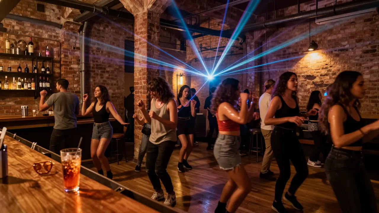 Industrial nightclub interior with laser lights and dancers under pulsing neon glow.