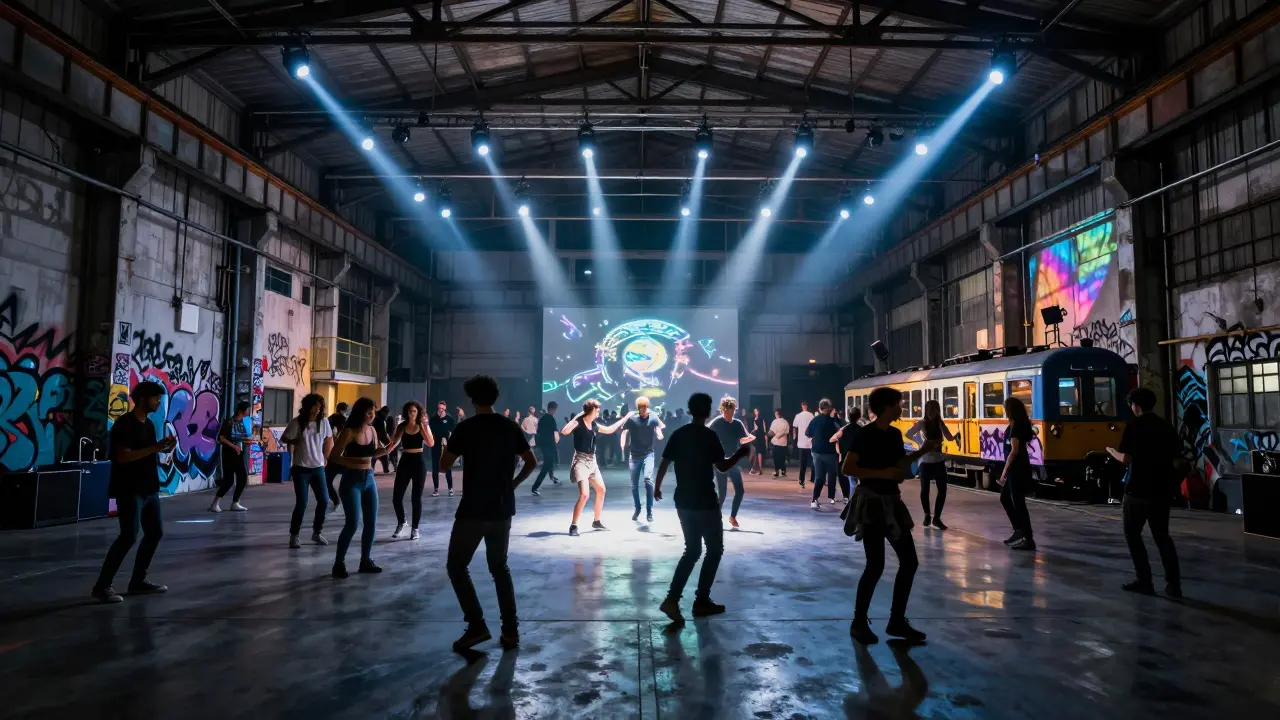 Industrial warehouse party with strobe lights and diverse dancers under exposed steel beams.