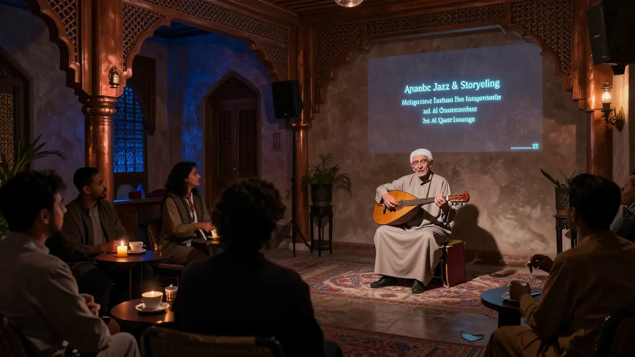 Intimate evening at a traditional villa where a storyteller speaks softly under a spotlight while patrons listen quietly.