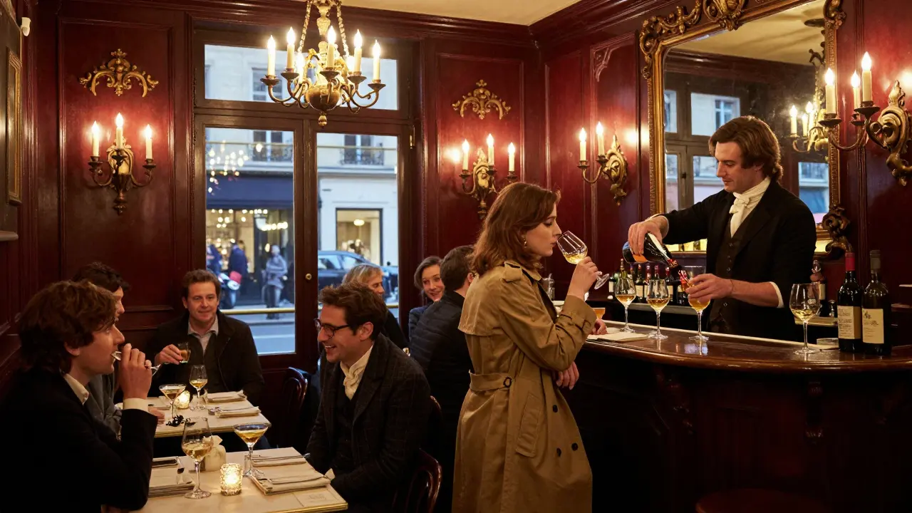 Patrons enjoying pastis under chandeliers in an old Parisian café filled with antique mirrors and warm light.