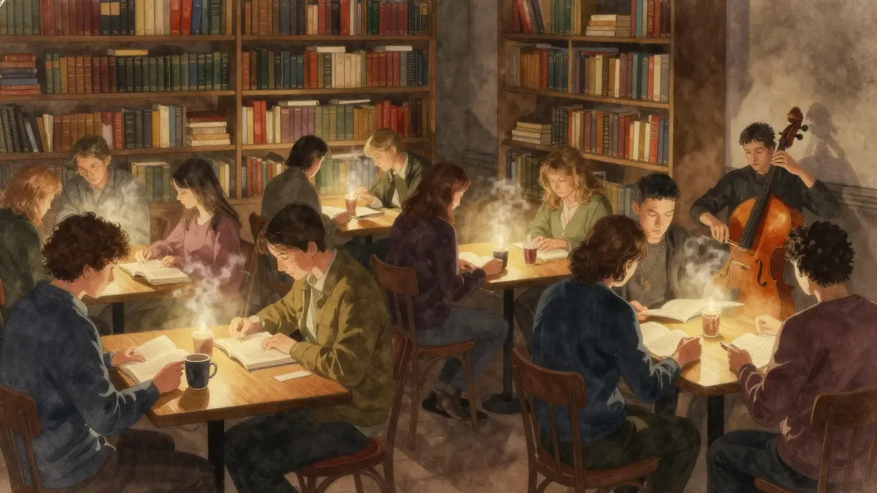 Patrons reading silently in a cozy book bar with soft lamplight and a cello player nearby.