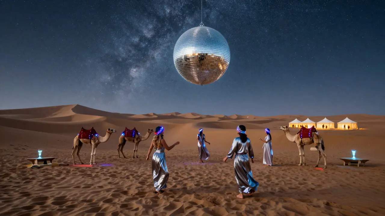 People dancing under a starry desert sky at a magical disco with LED-lit camels and glowing tents on sand dunes.
