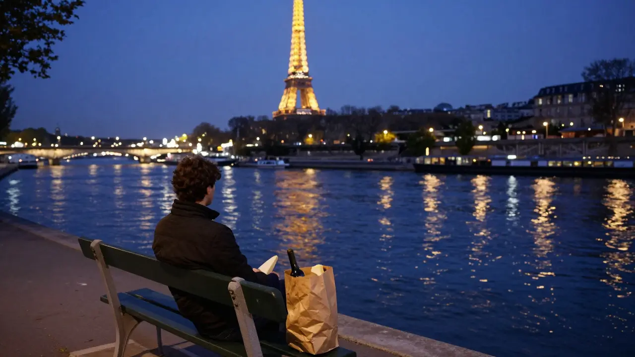 Person relaxing by the Seine with wine and cheese under the sparkling Eiffel Tower.